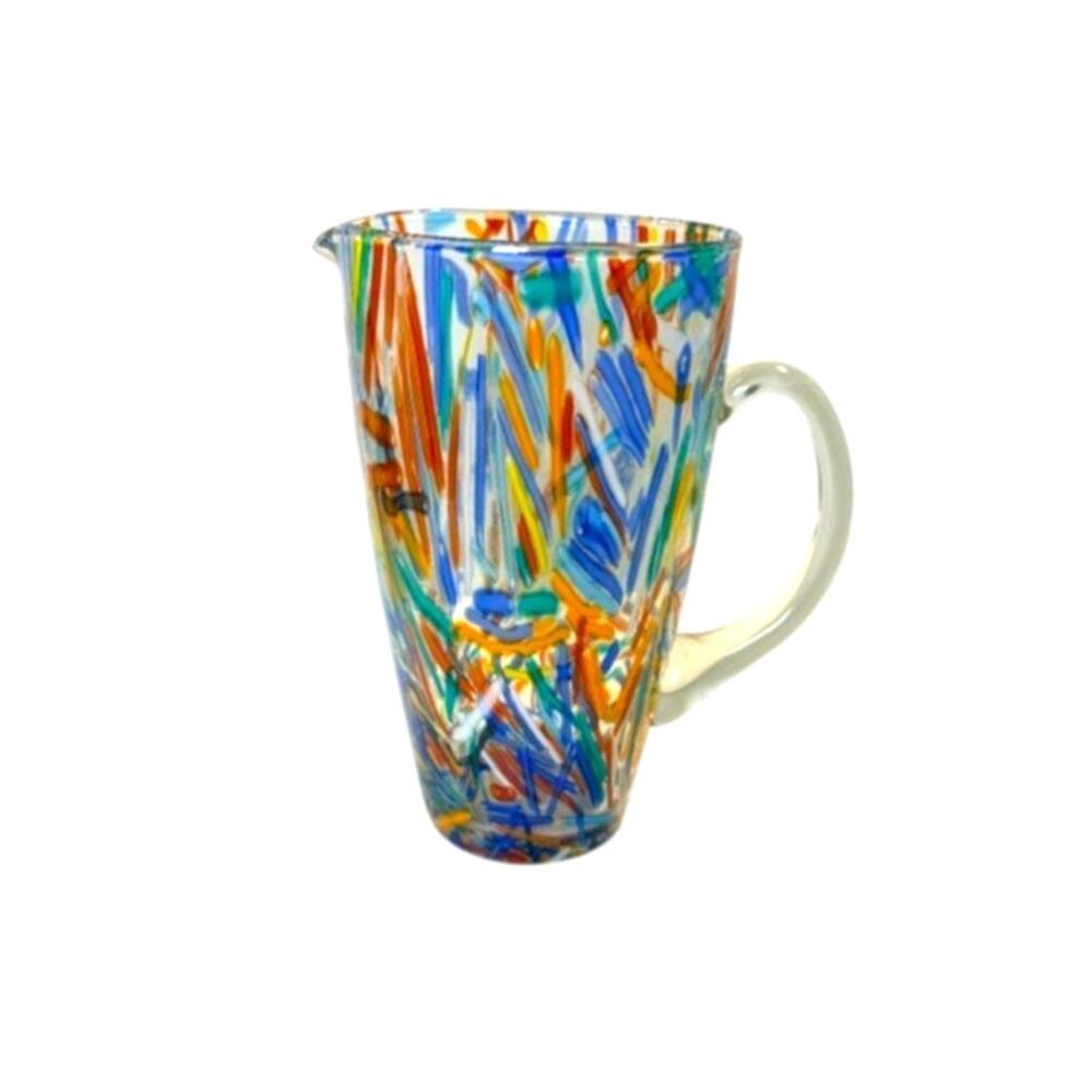 Pier 1 Confetti Hand Blown Multicolor Art Glass Pitcher 9.25"